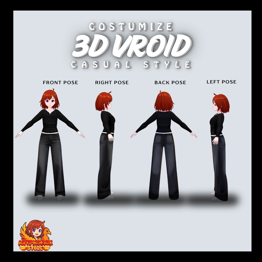 VRoid カジュアル衣装 | ブラック長袖トップス&ワイドレッグパンツ | ユニセックス | デジタルダウンロード