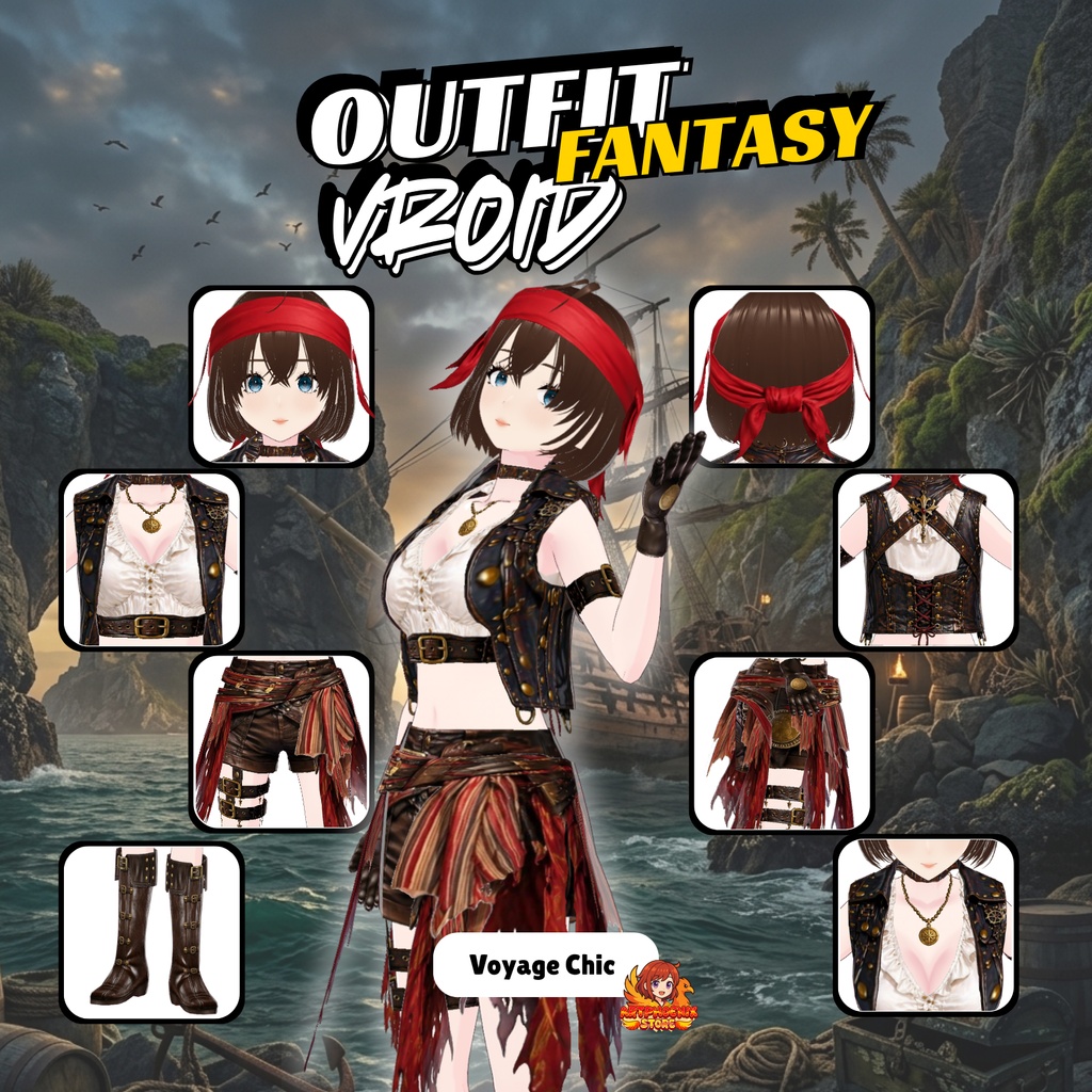 VRoid ファンタジー海賊レイダー衣装 | 冒険者パイレーツガールコスチューム | ファンタジーVTuber海賊ファッション | アニメアバター向け3Dカスタム衣装