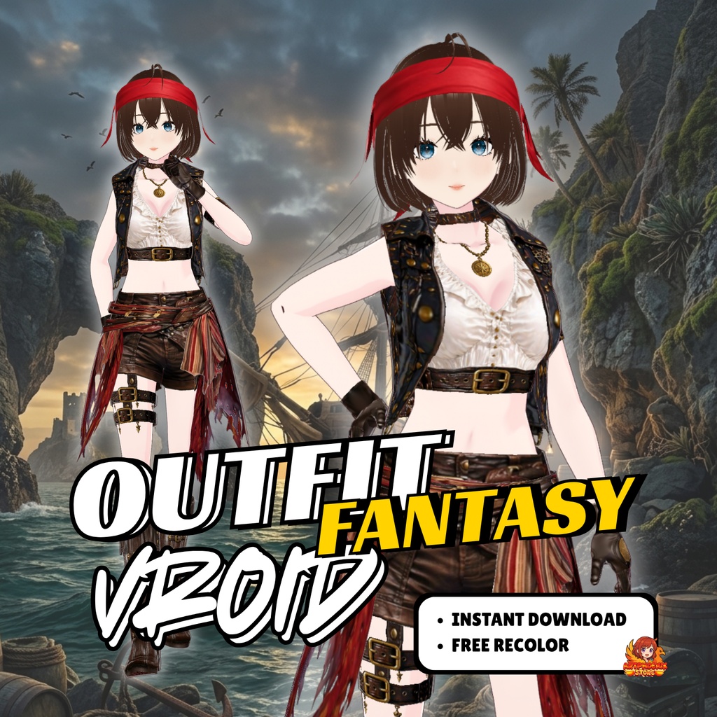 VRoid ファンタジー海賊レイダー衣装 | 冒険者パイレーツガールコスチューム | ファンタジーVTuber海賊ファッション | アニメアバター向け3Dカスタム衣装