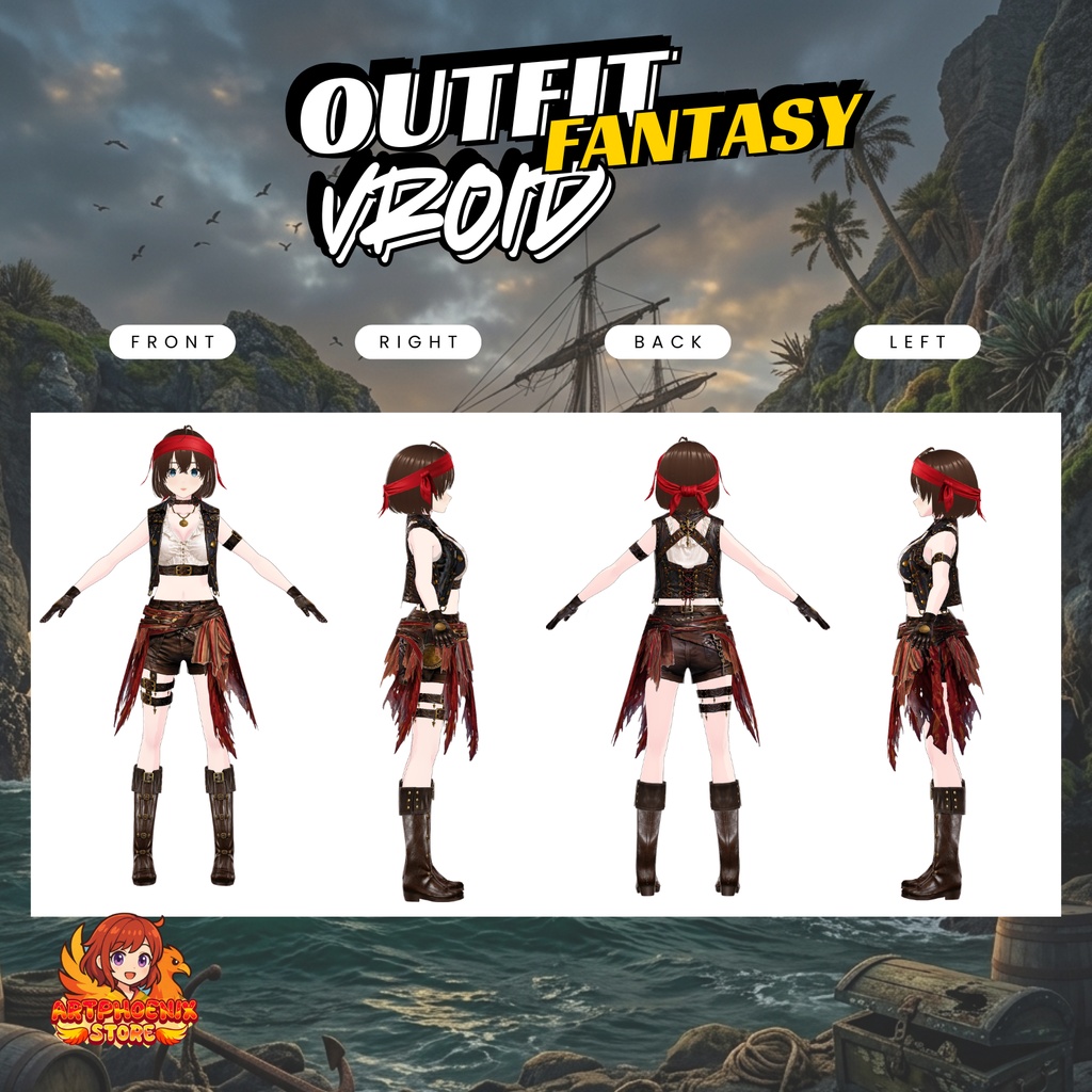 VRoid ファンタジー海賊レイダー衣装 | 冒険者パイレーツガールコスチューム | ファンタジーVTuber海賊ファッション | アニメアバター向け3Dカスタム衣装