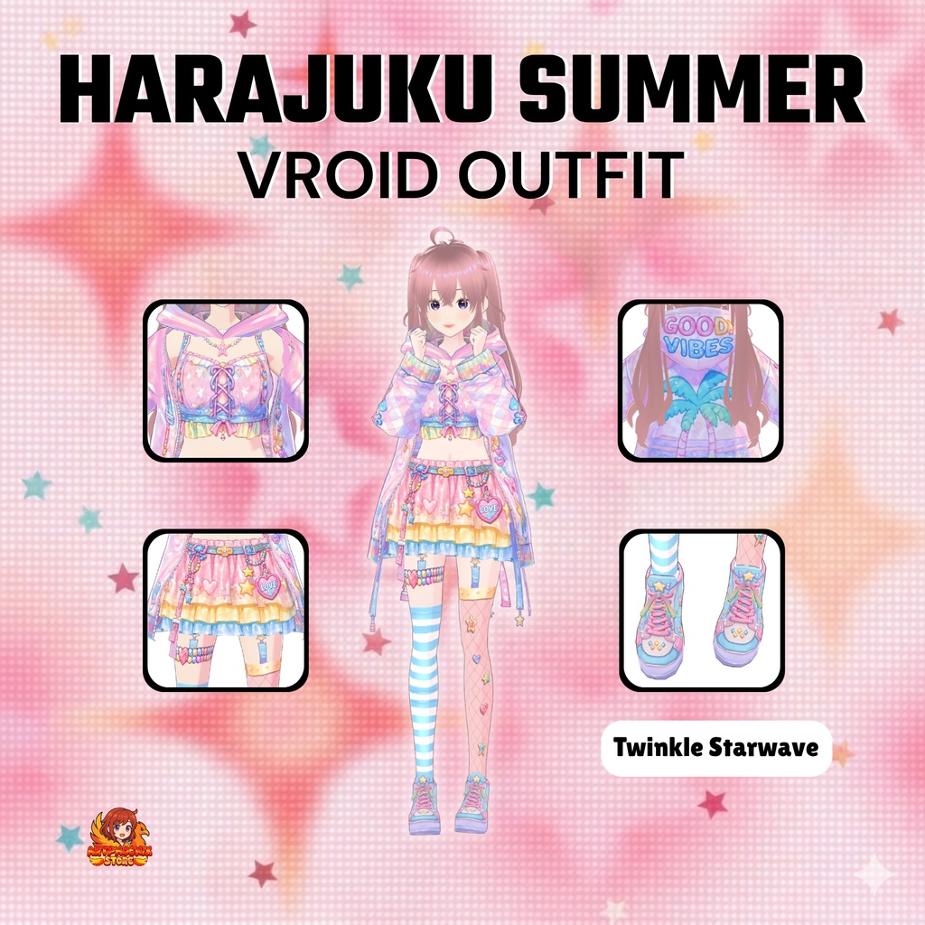 VRoid 原宿サマーY2K衣装 | キュートなパステル原宿ストリートウェア | ファンタジーVTuberファッション | アニメアバター向け3Dカスタム衣装