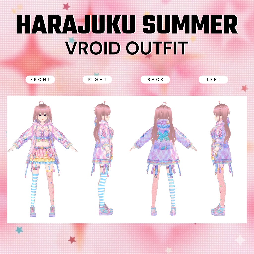 VRoid 原宿サマーY2K衣装 | キュートなパステル原宿ストリートウェア | ファンタジーVTuberファッション | アニメアバター向け3Dカスタム衣装