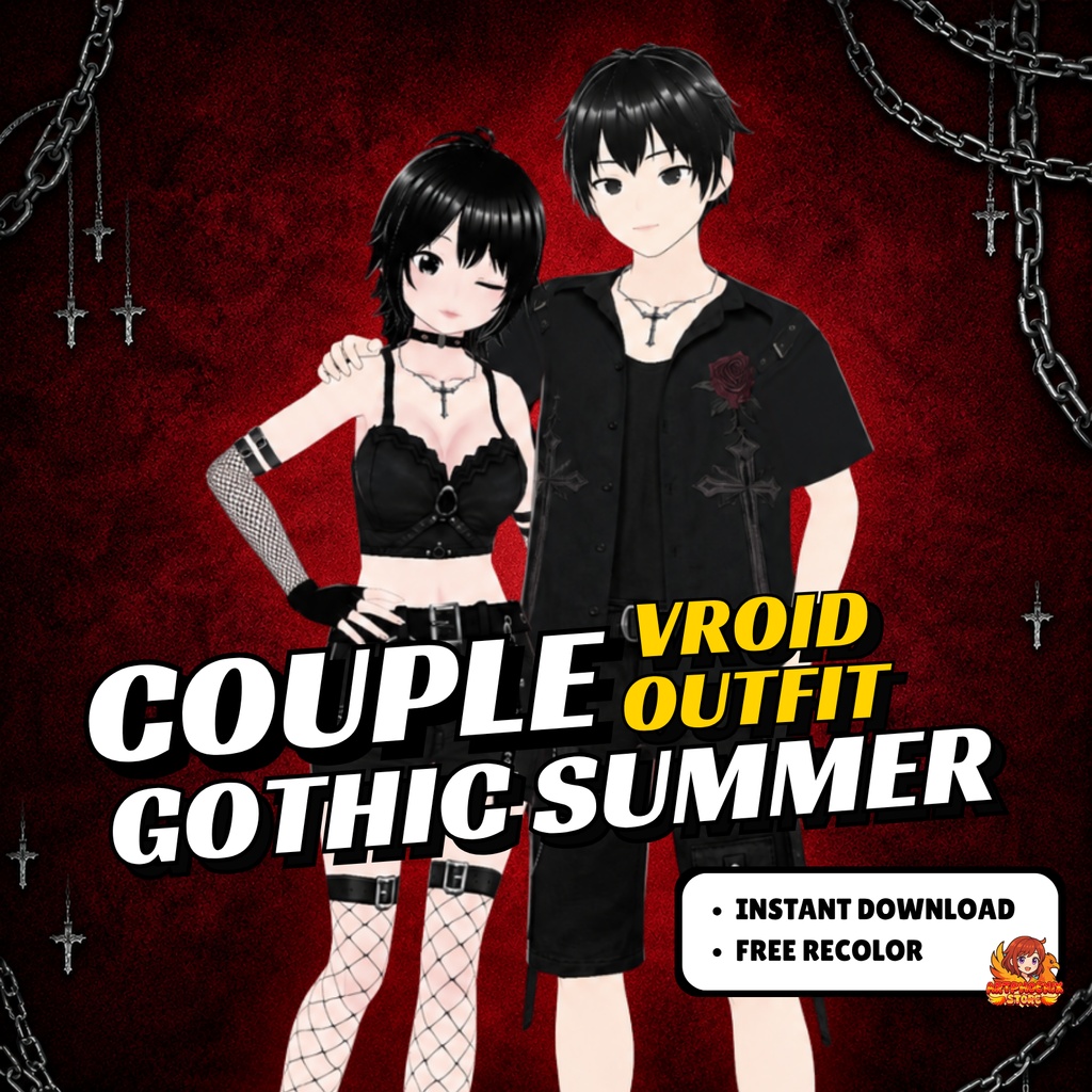 VRoid ゴシック・サマーカップル衣装 | ブラックコルセット＆ゴシックローズシャツ | お揃いVTuberファッション | デジタルダウンロード