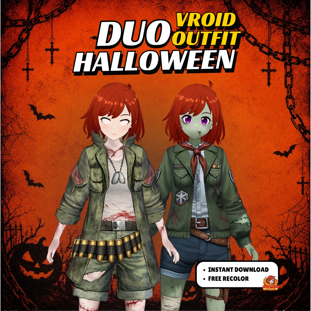 VRoid ハロウィン・ゾンビデュオ衣装 | ゾンビアポカリプス・カップルコスチューム | ミリタリーサバイバルファッション | ホラー系VTuber衣装 | 3Dカスタム衣装
