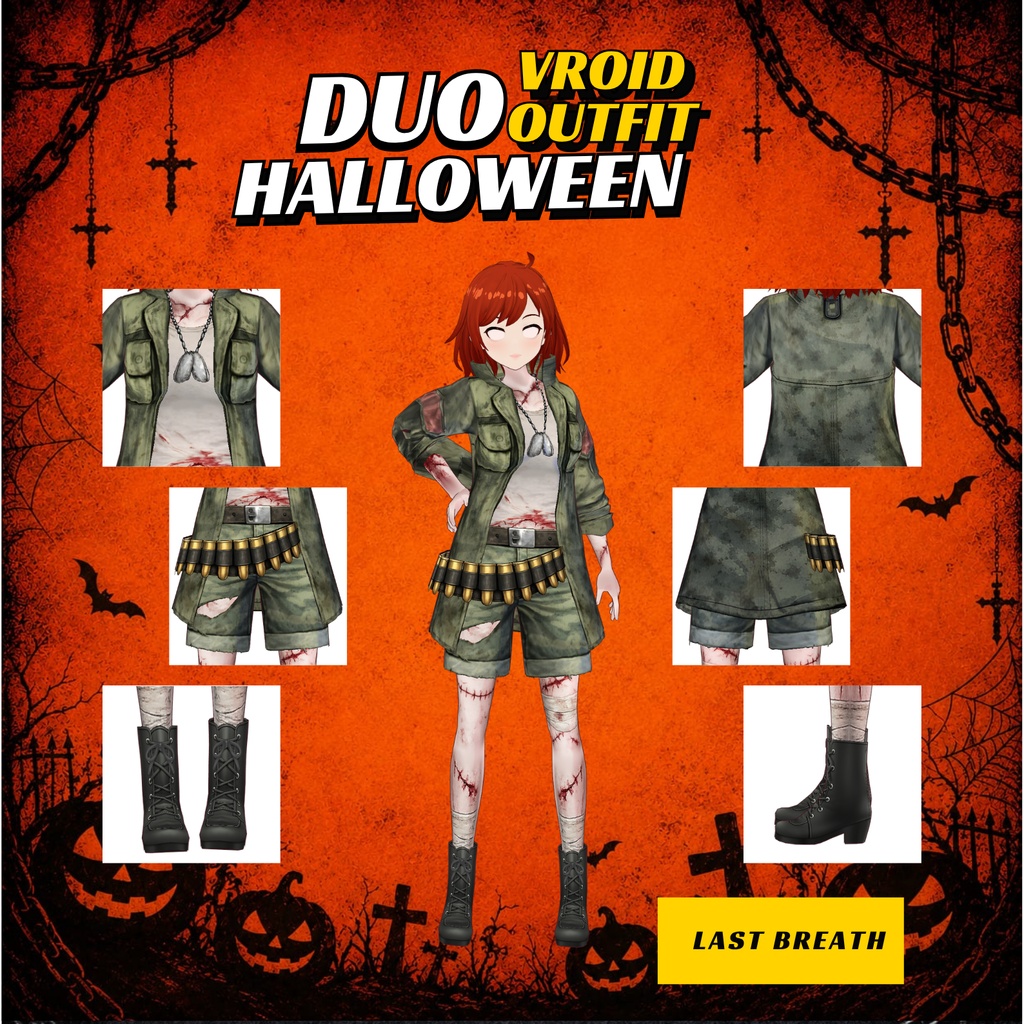 VRoid ハロウィン・ゾンビデュオ衣装 | ゾンビアポカリプス・カップルコスチューム | ミリタリーサバイバルファッション | ホラー系VTuber衣装 | 3Dカスタム衣装