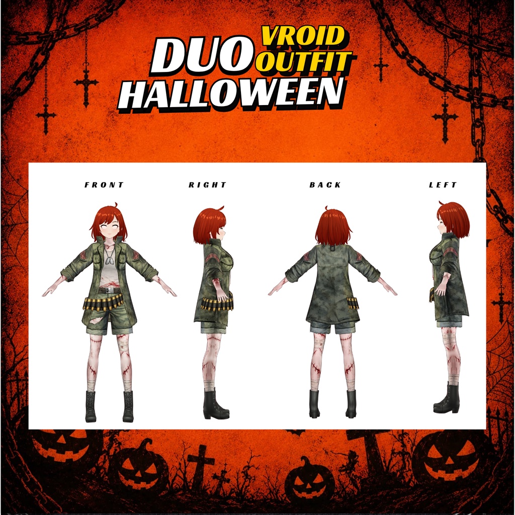 VRoid ハロウィン・ゾンビデュオ衣装 | ゾンビアポカリプス・カップルコスチューム | ミリタリーサバイバルファッション | ホラー系VTuber衣装 | 3Dカスタム衣装
