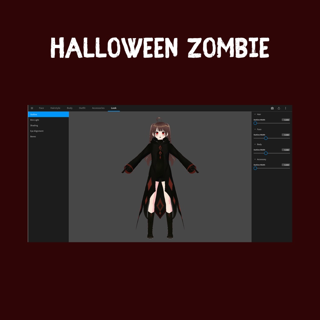 VRoid ハロウィン・ファンタジー衣装 | ブラック&レッド・ダークメイジクローク | ゴシックVTuberファッション | アニメアバター向け3Dカスタム衣装