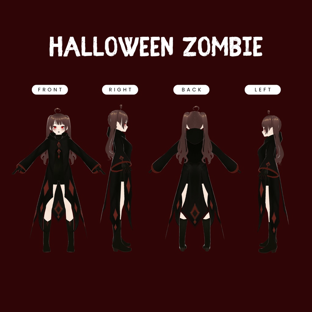 VRoid ハロウィン・ファンタジー衣装 | ブラック&レッド・ダークメイジクローク | ゴシックVTuberファッション | アニメアバター向け3Dカスタム衣装
