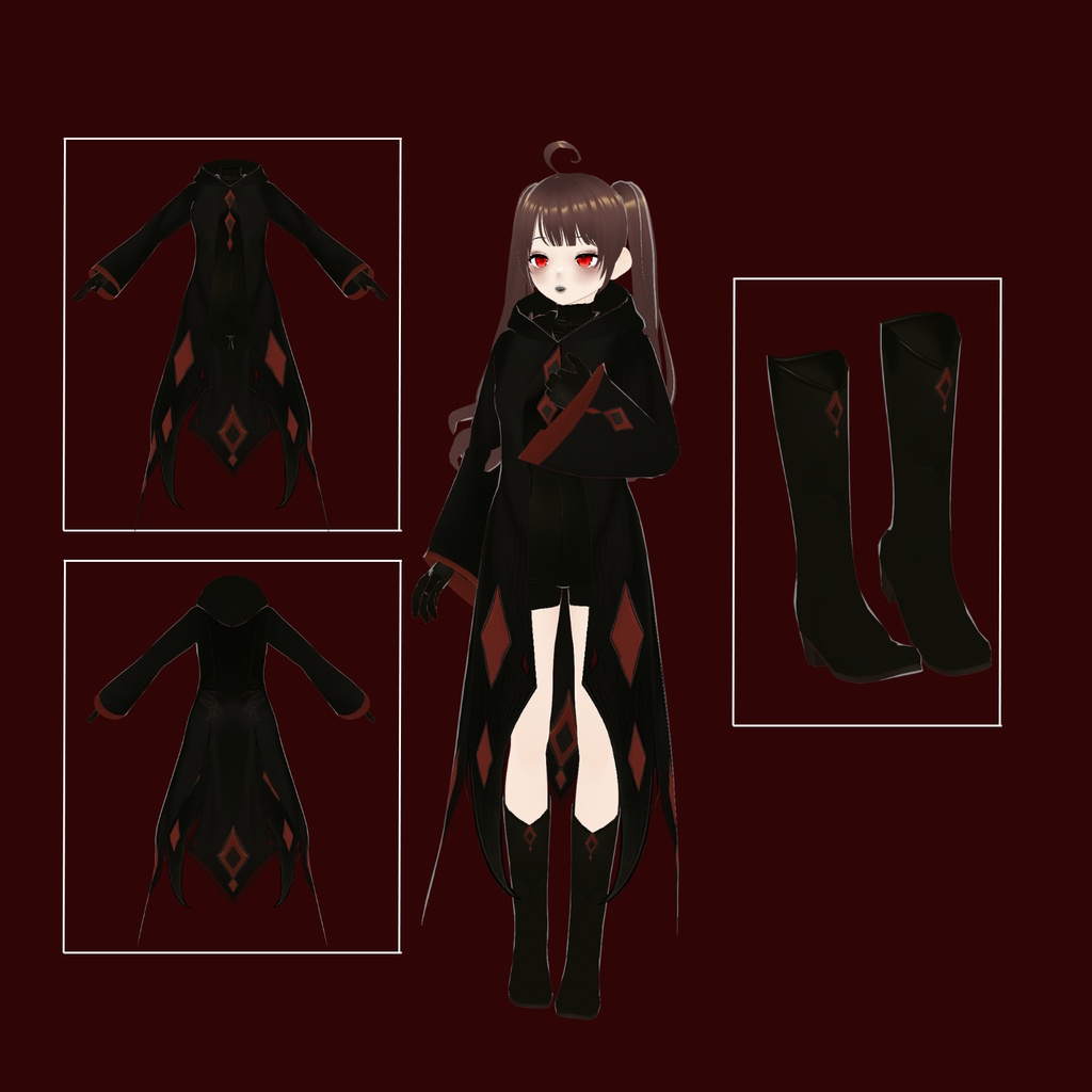 VRoid ハロウィン・ファンタジー衣装 | ブラック&レッド・ダークメイジクローク | ゴシックVTuberファッション | アニメアバター向け3Dカスタム衣装