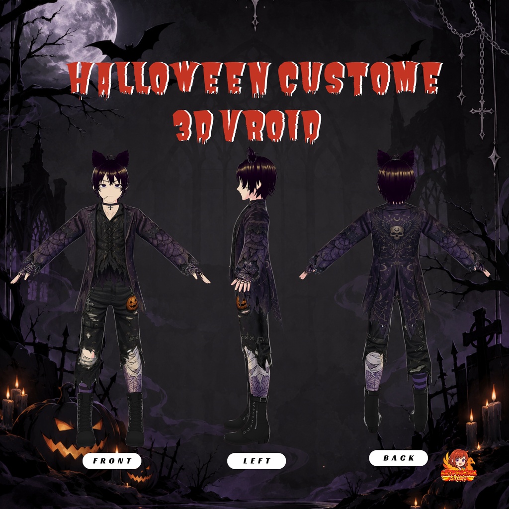 VRoid ハロウィン ゴシック メンズ衣装 | パープルのコウモリ翼風スリーブ&ダメージパンツ | ダークファンタジー VTuberファッション | 3Dカスタム衣装