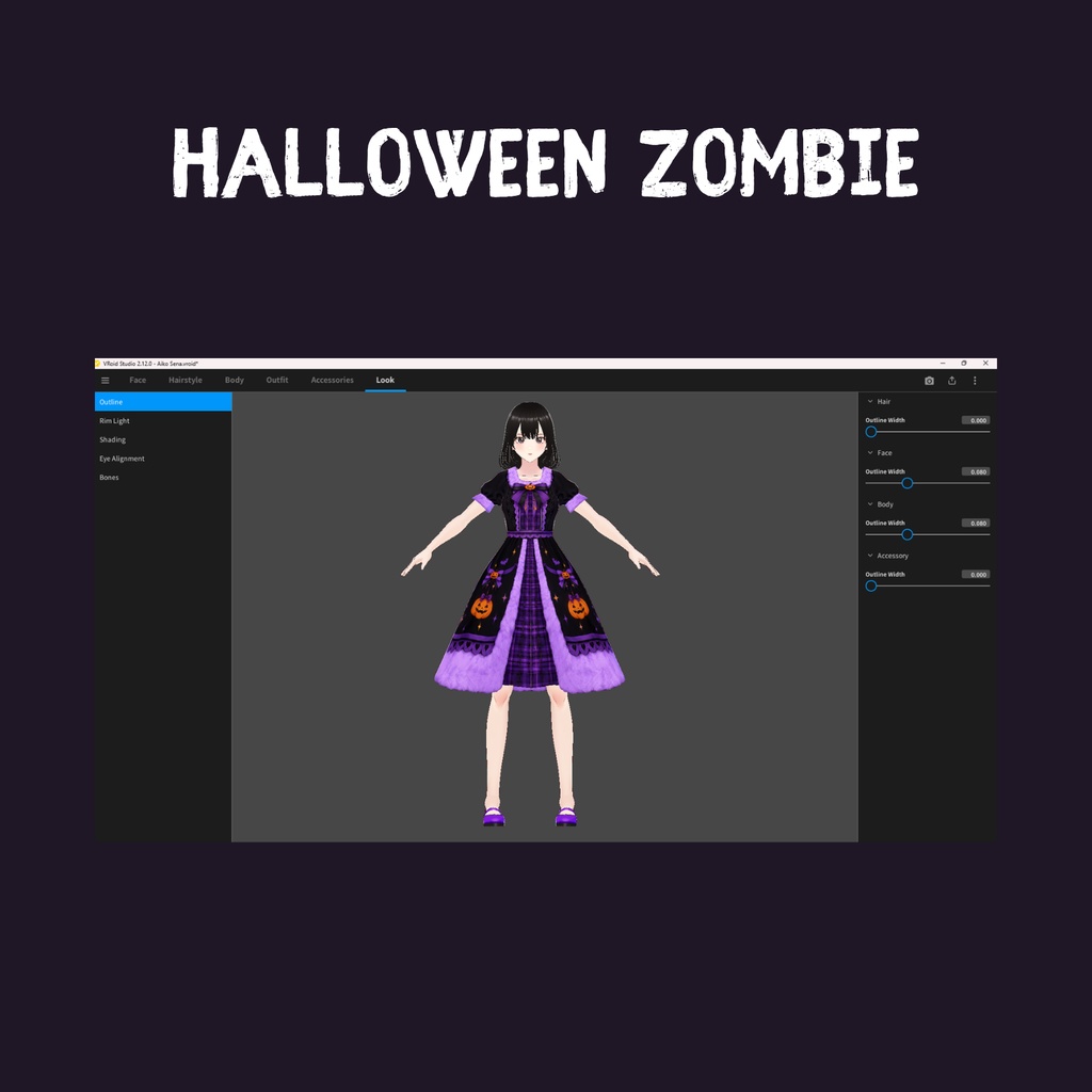 VRoid ハロウィン・クイーンドレス | パープルパンプキン・ゴシック衣装 | キュートなダークファンタジーVTuberファッション | 3Dカスタム衣装
