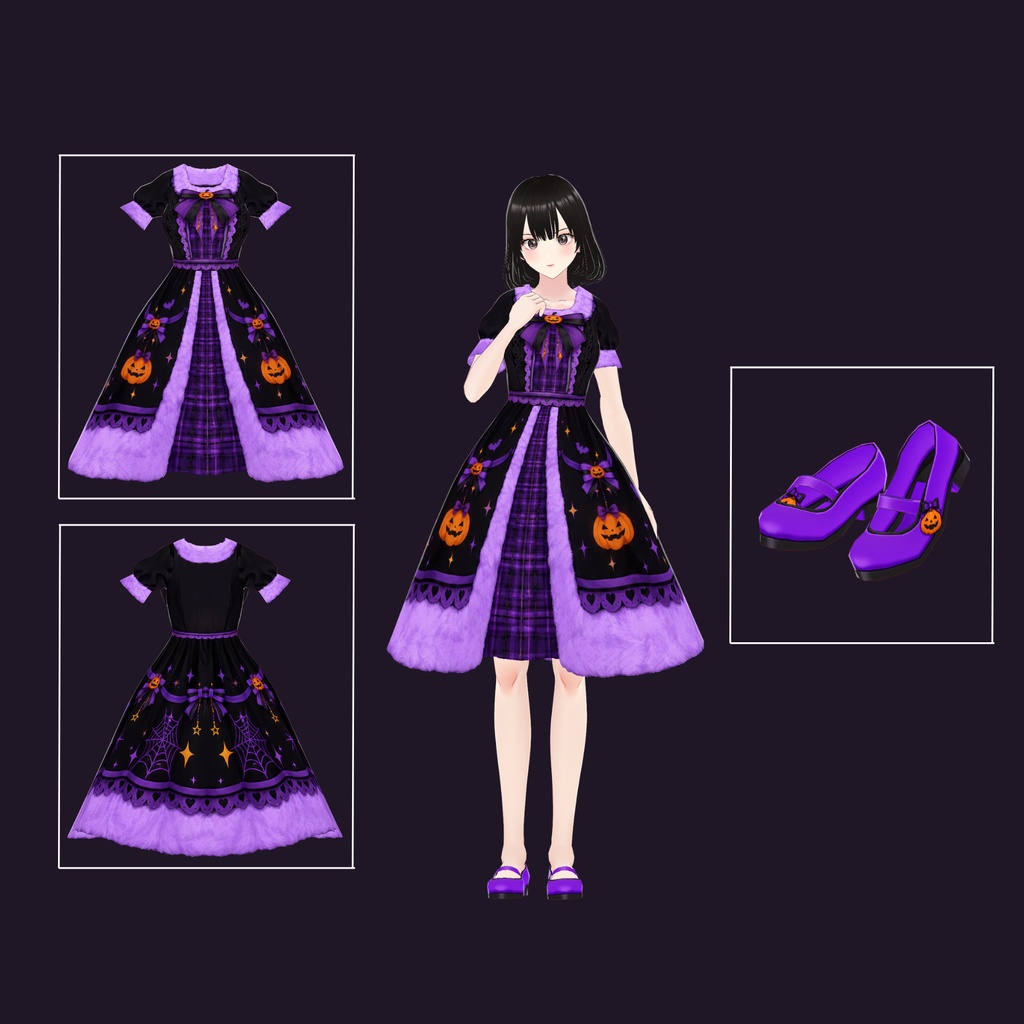VRoid ハロウィン・クイーンドレス | パープルパンプキン・ゴシック衣装 | キュートなダークファンタジーVTuberファッション | 3Dカスタム衣装