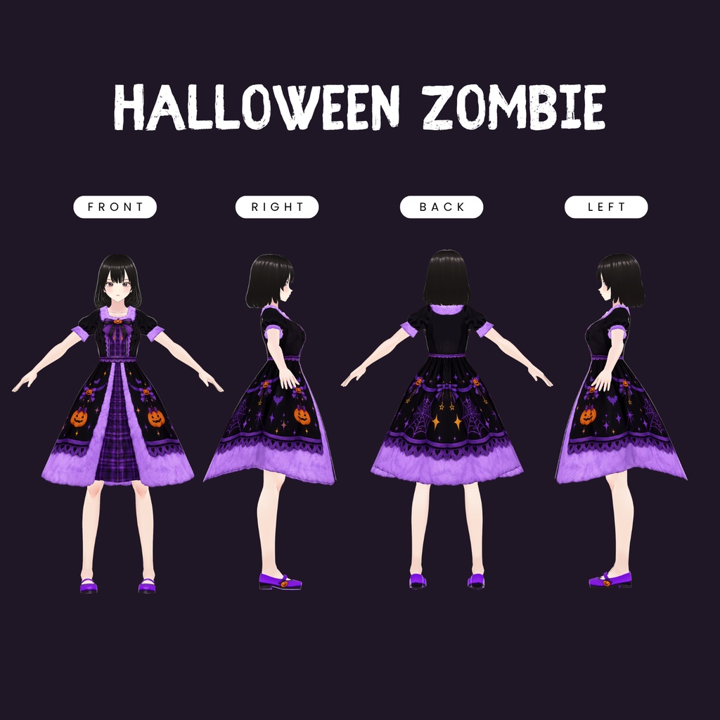 VRoid ハロウィン・クイーンドレス | パープルパンプキン・ゴシック衣装 | キュートなダークファンタジーVTuberファッション | 3Dカスタム衣装