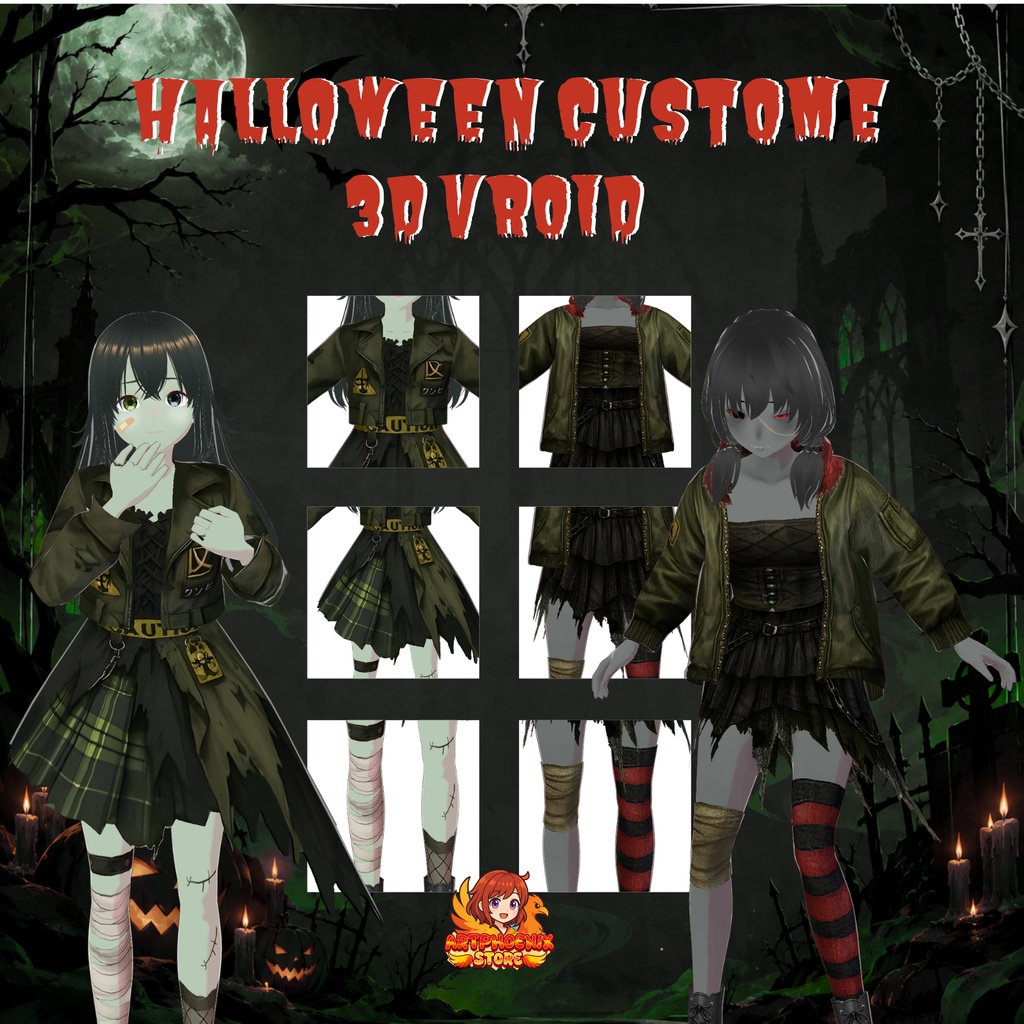 VRoid Halloween Duo Outfit | Zombie Gothic Couple | Military Jacket & Plaid Skirt | Dark Fantasy VTuber Fashion | 3D Custom Outfit