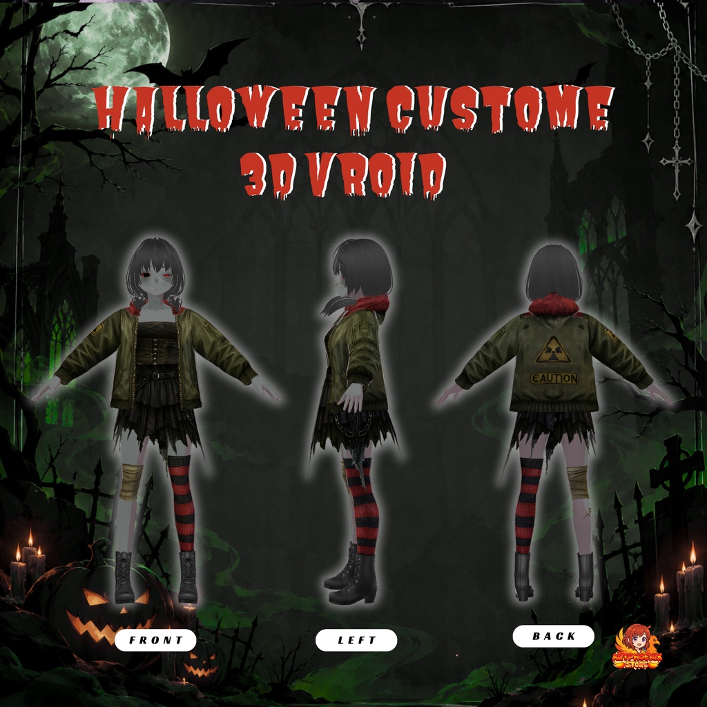 VRoid Halloween Duo Outfit | Zombie Gothic Couple | Military Jacket & Plaid Skirt | Dark Fantasy VTuber Fashion | 3D Custom Outfit