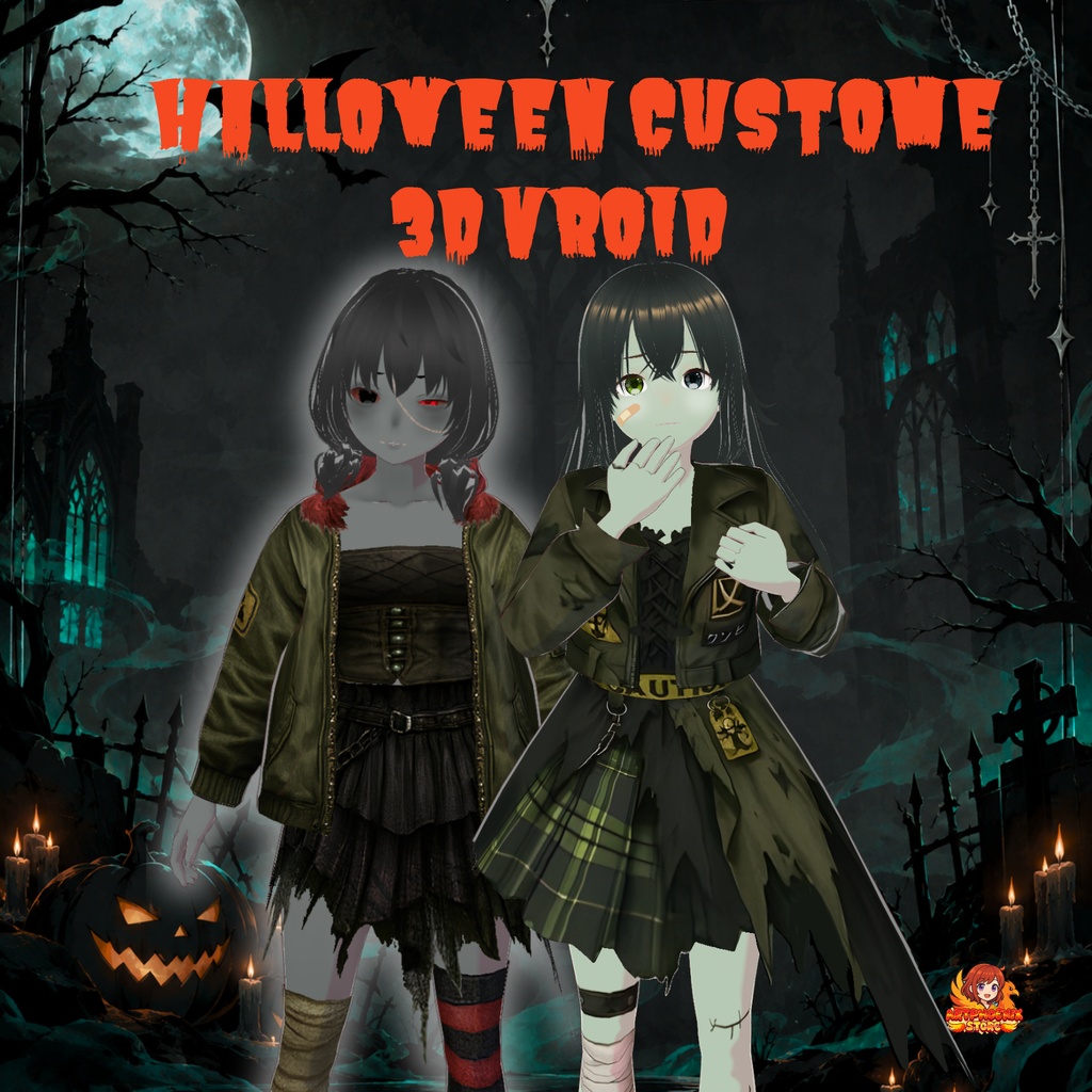 VRoid Halloween Duo Outfit | Zombie Gothic Couple | Military Jacket & Plaid Skirt | Dark Fantasy VTuber Fashion | 3D Custom Outfit