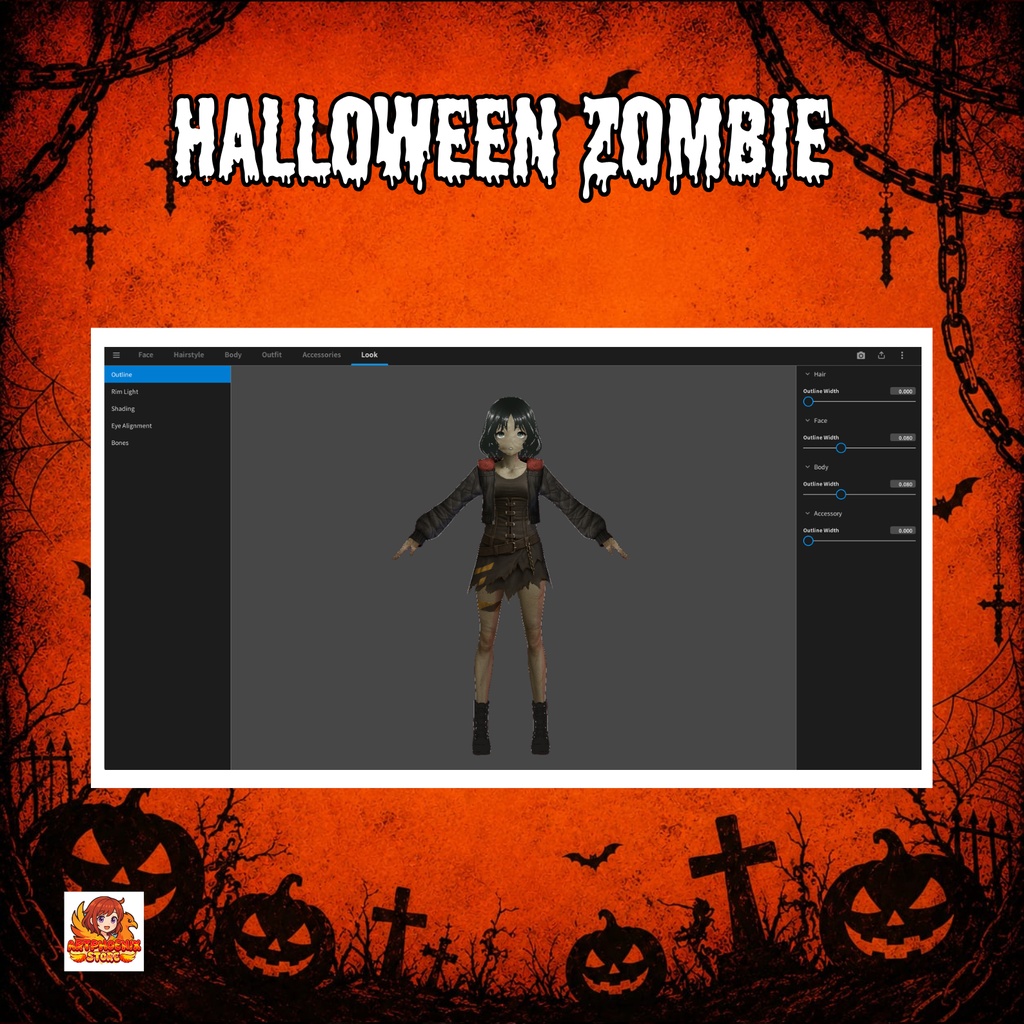 VRoid ハロウィン・ゾンビ衣装 | ゾンビコスチューム・ゴシックガールVTuber服 | コミッション用キャラクターモデル | デジタルダウンロード