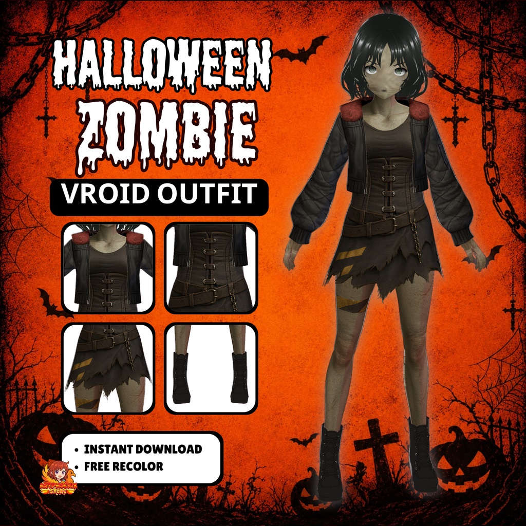 VRoid ハロウィン・ゾンビ衣装 | ゾンビコスチューム・ゴシックガールVTuber服 | コミッション用キャラクターモデル | デジタルダウンロード
