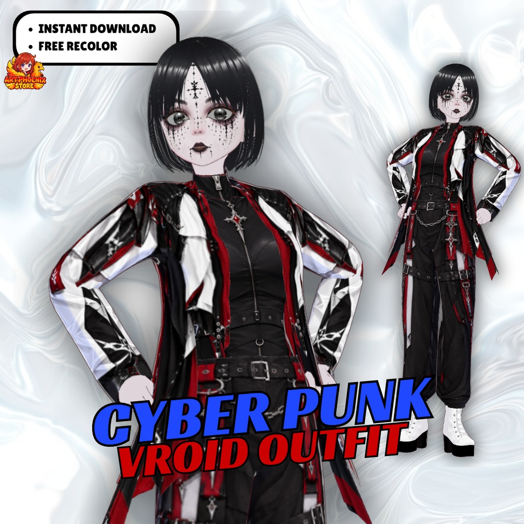 VRoid サイバーパンク・ゴシック衣装 | ブラック・レッド＆ホワイトのパンクファッション | ファンタジーVTuber衣装 | アニメアバター向け3Dカスタム衣装 | デジタルダウンロード
