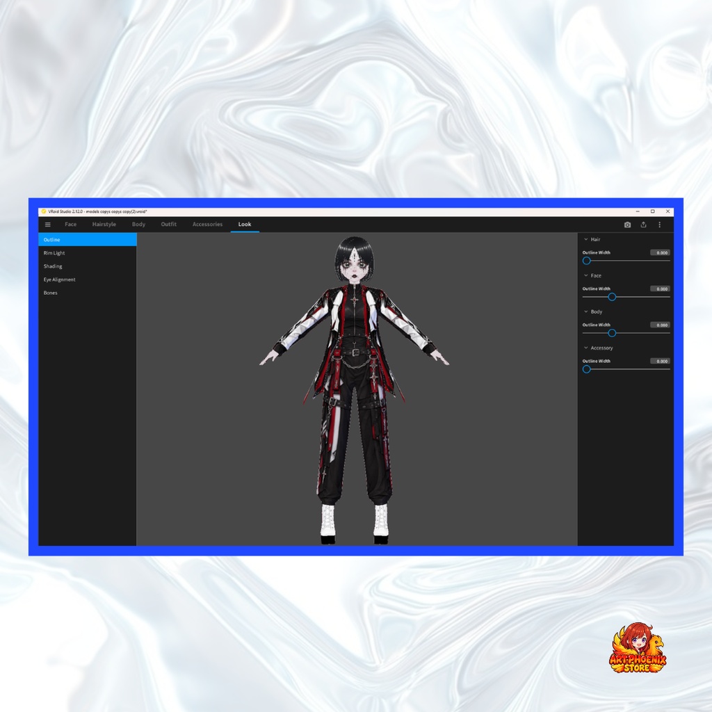 VRoid サイバーパンク・ゴシック衣装 | ブラック・レッド&ホワイトのパンクファッション | ファンタジーVTuber衣装 | アニメアバター向け3Dカスタム衣装 | デジタルダウンロード