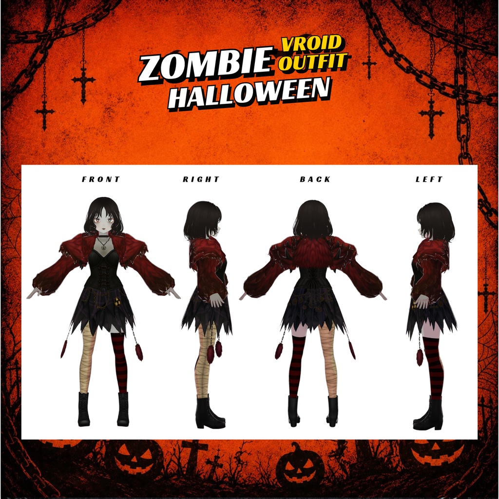 VRoid ゴシック・ゾンビハロウィン衣装 | ダークヴァンパイアガール服 | ファンタジーVTuberファッション | スプーキーなアニメアバターコスチューム | 3Dカスタム衣装