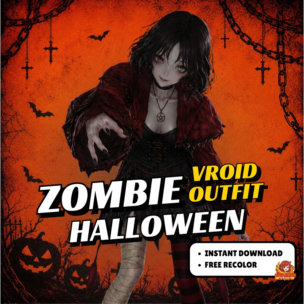 VRoid ゴシック・ゾンビハロウィン衣装 | ダークヴァンパイアガール服 | ファンタジーVTuberファッション | スプーキーなアニメアバターコスチューム | 3Dカスタム衣装