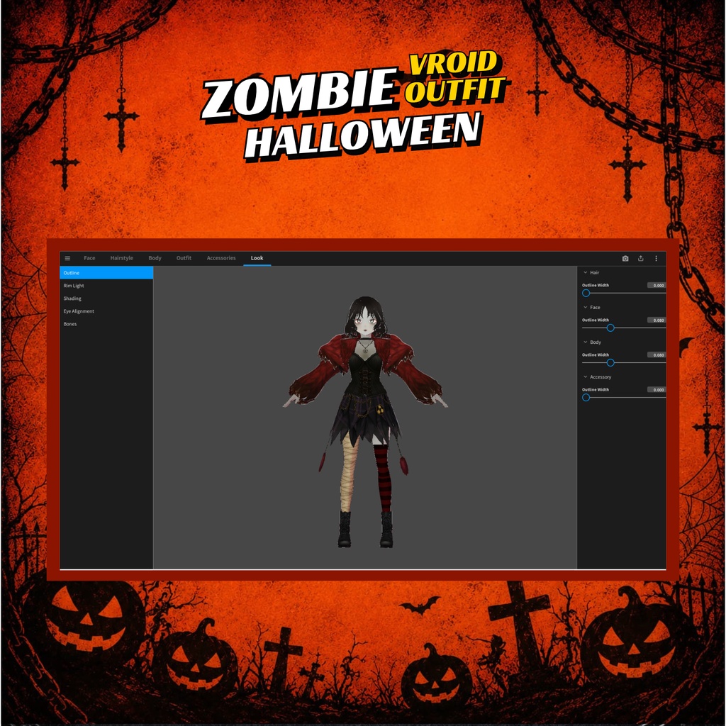 VRoid ゴシック・ゾンビハロウィン衣装 | ダークヴァンパイアガール服 | ファンタジーVTuberファッション | スプーキーなアニメアバターコスチューム | 3Dカスタム衣装