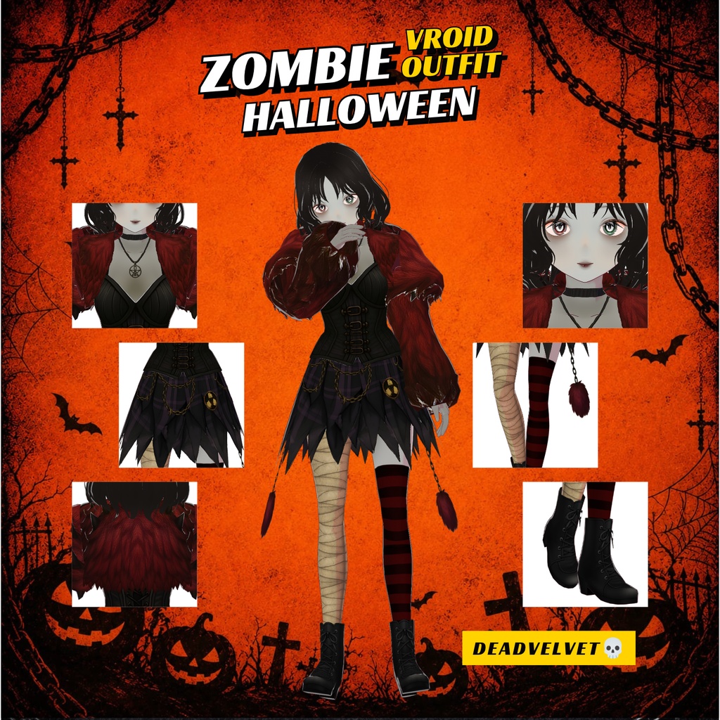 VRoid ゴシック・ゾンビハロウィン衣装 | ダークヴァンパイアガール服 | ファンタジーVTuberファッション | スプーキーなアニメアバターコスチューム | 3Dカスタム衣装