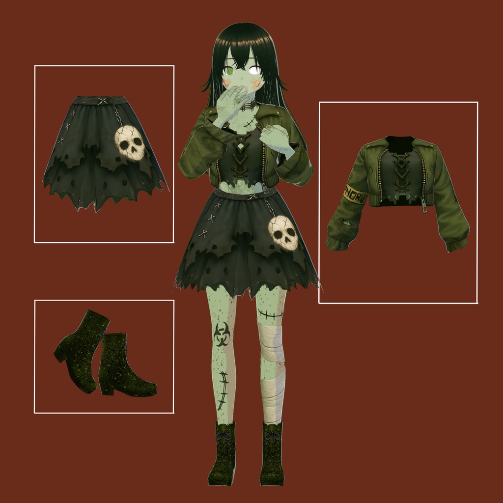 VRoid ゾンビガール衣装 | ゴシック・ハロウィンドレス | VTuber向け衣装 | ホラー系アニメアバターファッション | 3Dカスタム衣装