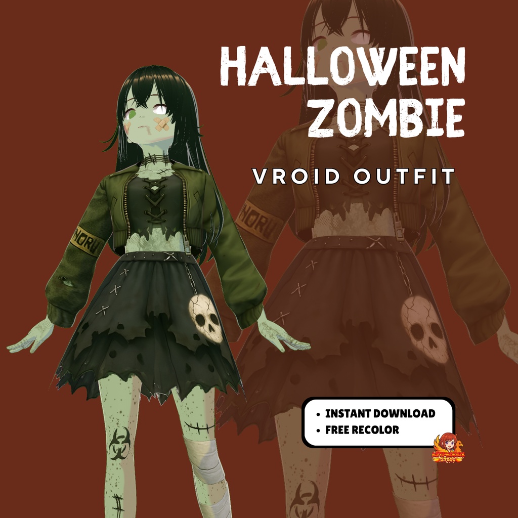 VRoid ゾンビガール衣装 | ゴシック・ハロウィンドレス | VTuber向け衣装 | ホラー系アニメアバターファッション | 3Dカスタム衣装