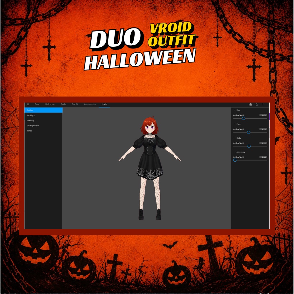 VRoid ハロウィン・デュオ衣装セット | ゴシックパンプキン&蜘蛛の巣ドレス | お揃いVTuber衣装 | アニメアバターファッション | 3Dカスタム衣装