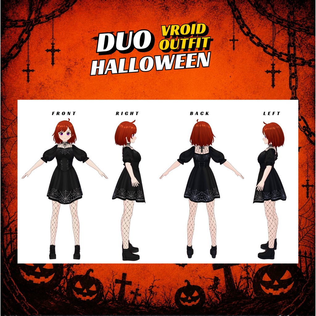 VRoid ハロウィン・デュオ衣装セット | ゴシックパンプキン&蜘蛛の巣ドレス | お揃いVTuber衣装 | アニメアバターファッション | 3Dカスタム衣装