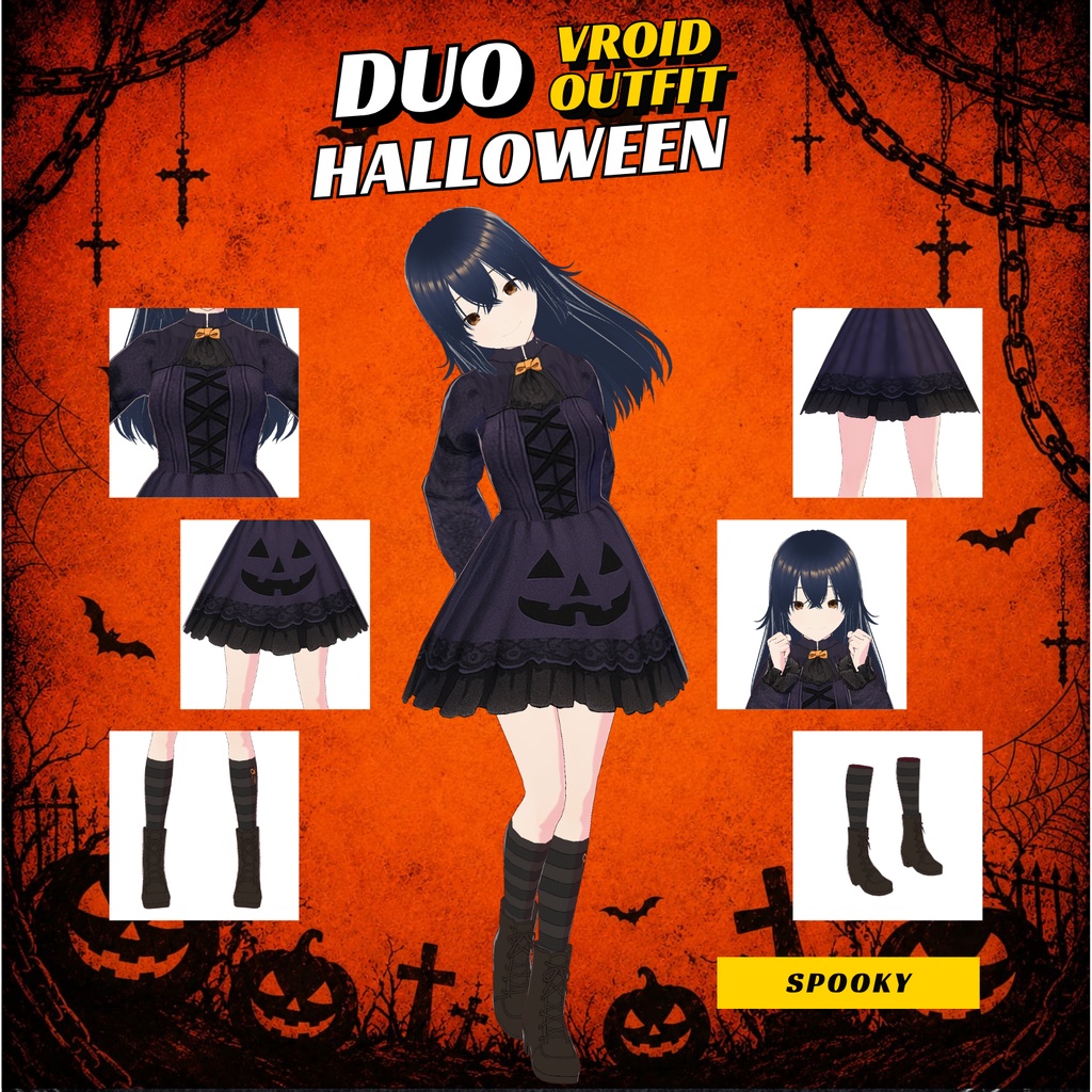 VRoid ハロウィン・デュオ衣装セット | ゴシックパンプキン&蜘蛛の巣ドレス | お揃いVTuber衣装 | アニメアバターファッション | 3Dカスタム衣装
