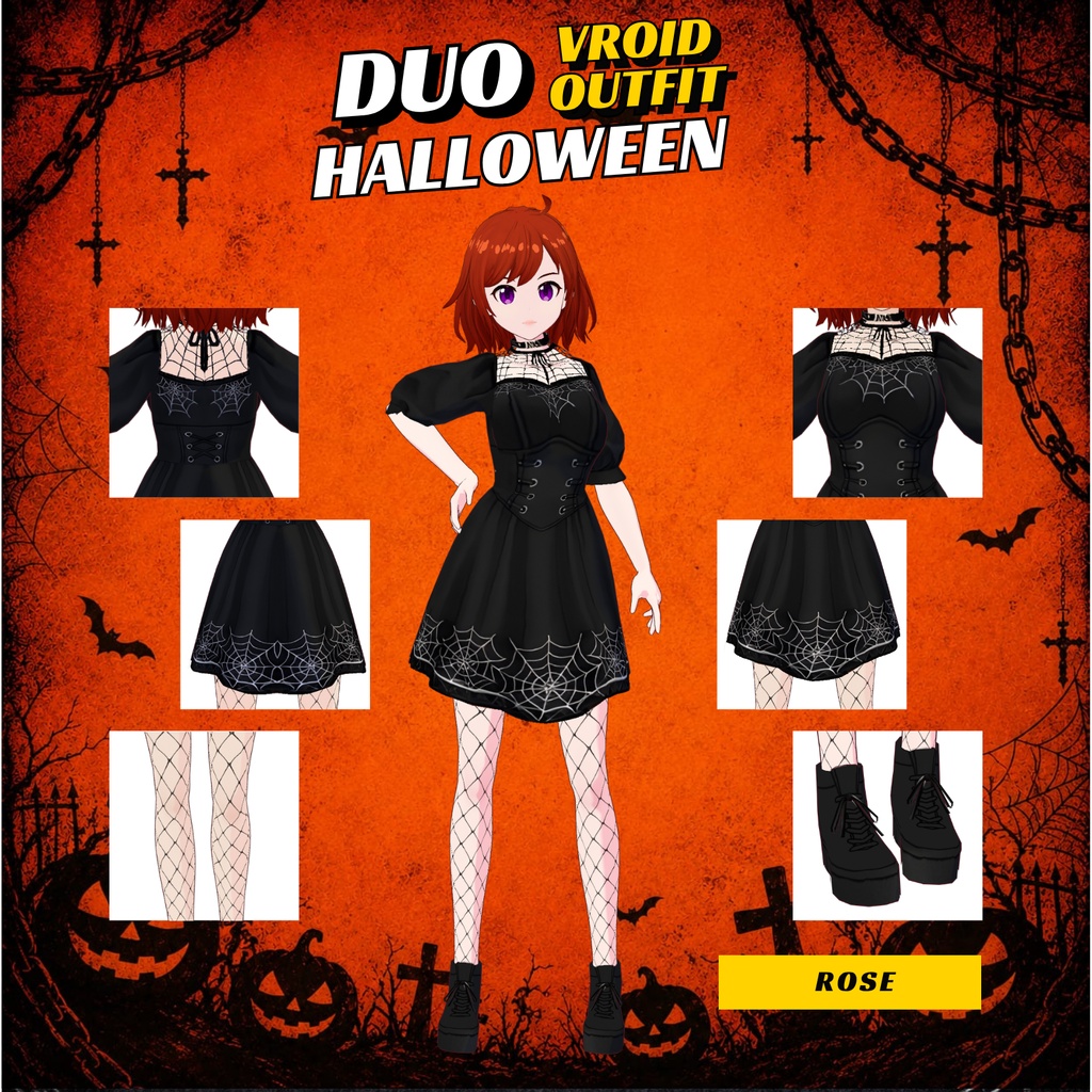VRoid ハロウィン・デュオ衣装セット | ゴシックパンプキン&蜘蛛の巣ドレス | お揃いVTuber衣装 | アニメアバターファッション | 3Dカスタム衣装