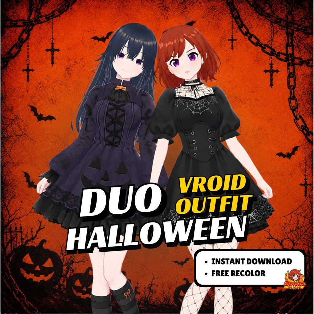 VRoid ハロウィン・デュオ衣装セット | ゴシックパンプキン＆蜘蛛の巣ドレス | お揃いVTuber衣装 | アニメアバターファッション | 3Dカスタム衣装