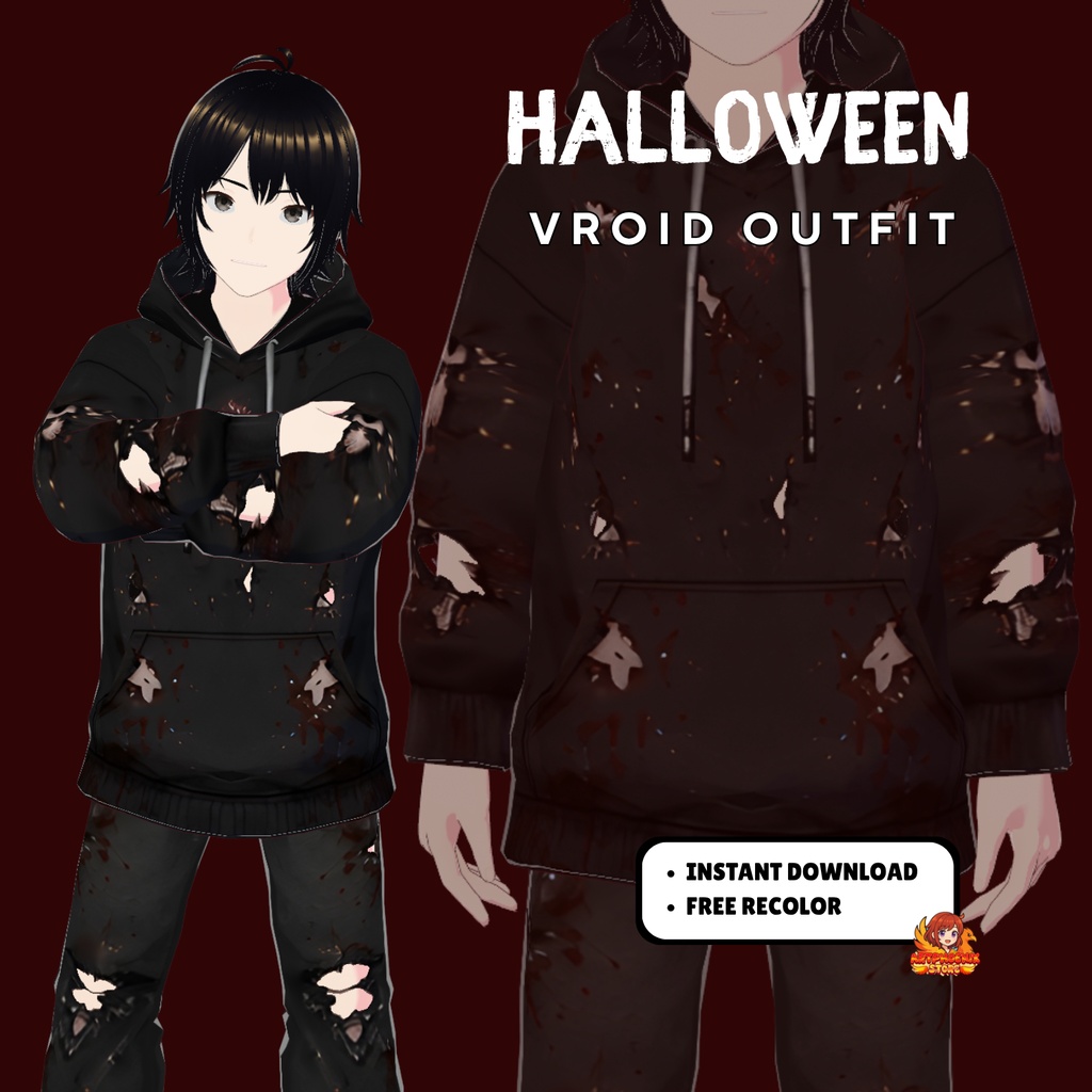 VRoid ハロウィン・デュオ衣装セット | ゴシックパンプキン＆蜘蛛の巣ドレス | お揃いVTuber衣装 | アニメアバターファッション | 3Dカスタム衣装