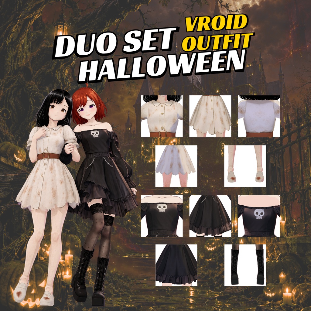 VRoid ハロウィン・デュオ衣装セット | ゾンビガールドレス&ゴシックスカルドレス | VTuberファッション | アニメアバター向け衣装