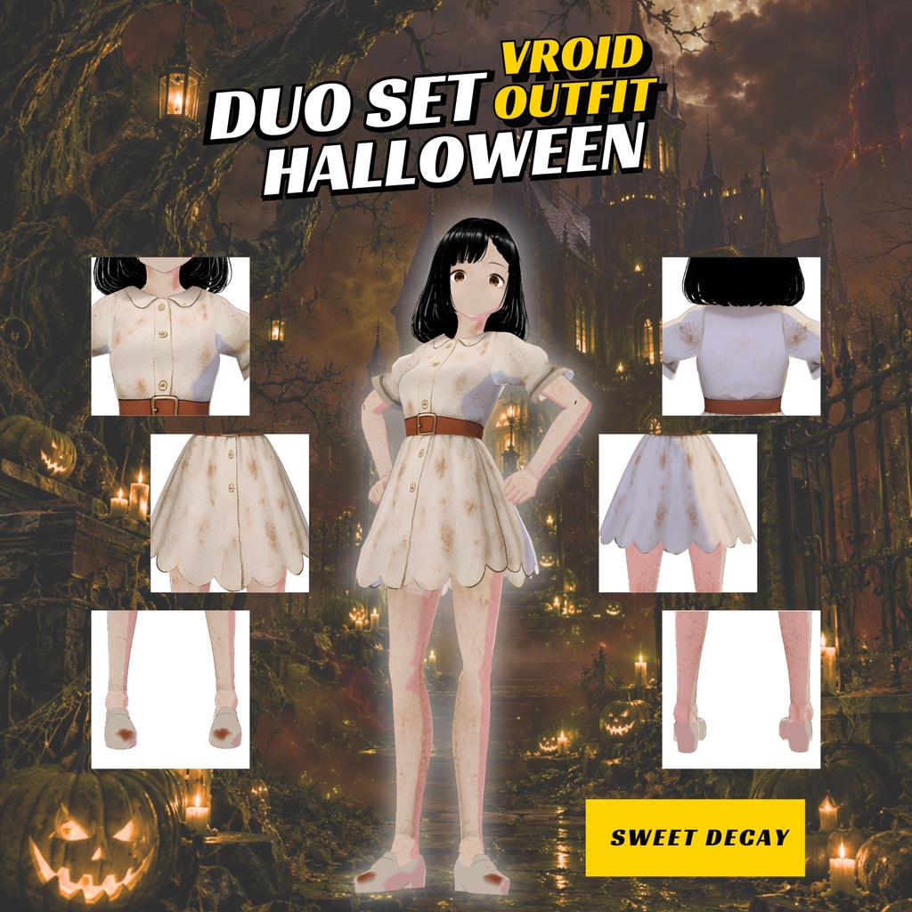 VRoid ハロウィン・デュオ衣装セット | ゾンビガールドレス&ゴシックスカルドレス | VTuberファッション | アニメアバター向け衣装