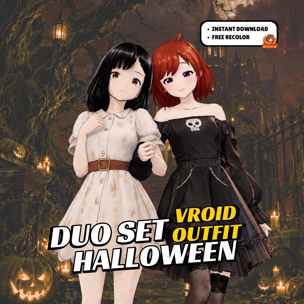 VRoid ハロウィン・デュオ衣装セット | ゾンビガールドレス＆ゴシックスカルドレス | VTuberファッション | アニメアバター向け衣装