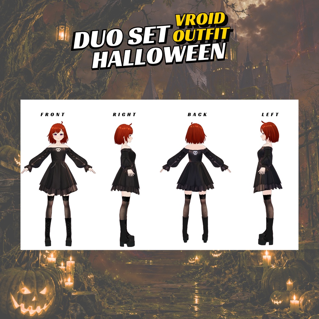 VRoid ハロウィン・デュオ衣装セット | ゾンビガールドレス&ゴシックスカルドレス | VTuberファッション | アニメアバター向け衣装