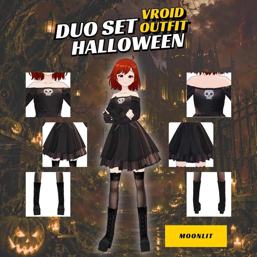 VRoid ハロウィン・デュオ衣装セット | ゾンビガールドレス&ゴシックスカルドレス | VTuberファッション | アニメアバター向け衣装