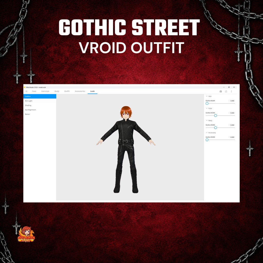 VRoid ゴシック・ストリートウェア衣装 | ブラックバイカージャケット&チェーンパンツ | ダークパンクVTuberファッション | デジタルダウンロード