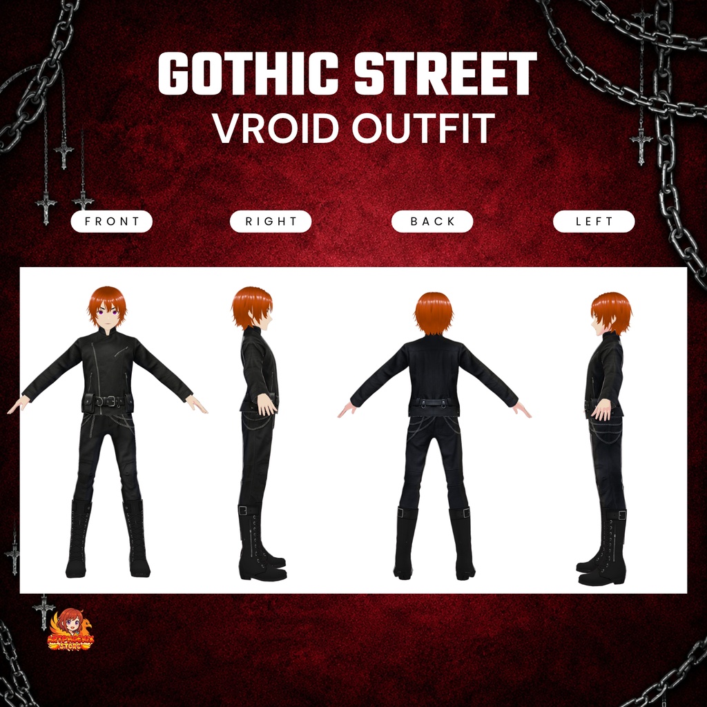 VRoid ゴシック・ストリートウェア衣装 | ブラックバイカージャケット&チェーンパンツ | ダークパンクVTuberファッション | デジタルダウンロード