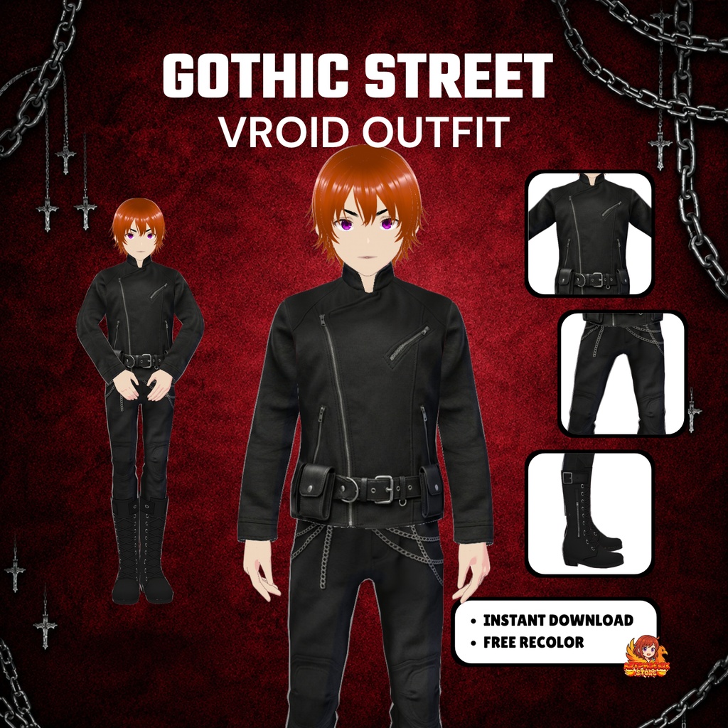 VRoid ゴシック・ストリートウェア衣装 | ブラックバイカージャケット&チェーンパンツ | ダークパンクVTuberファッション | デジタルダウンロード