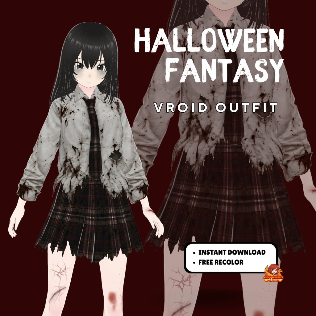 VRoid ハロウィン・ゾンビ衣装 | 血まみれチェック柄スクールユニフォーム | ゴシックホラーVTuberファッション | アニメアバター向け3Dカスタム衣装