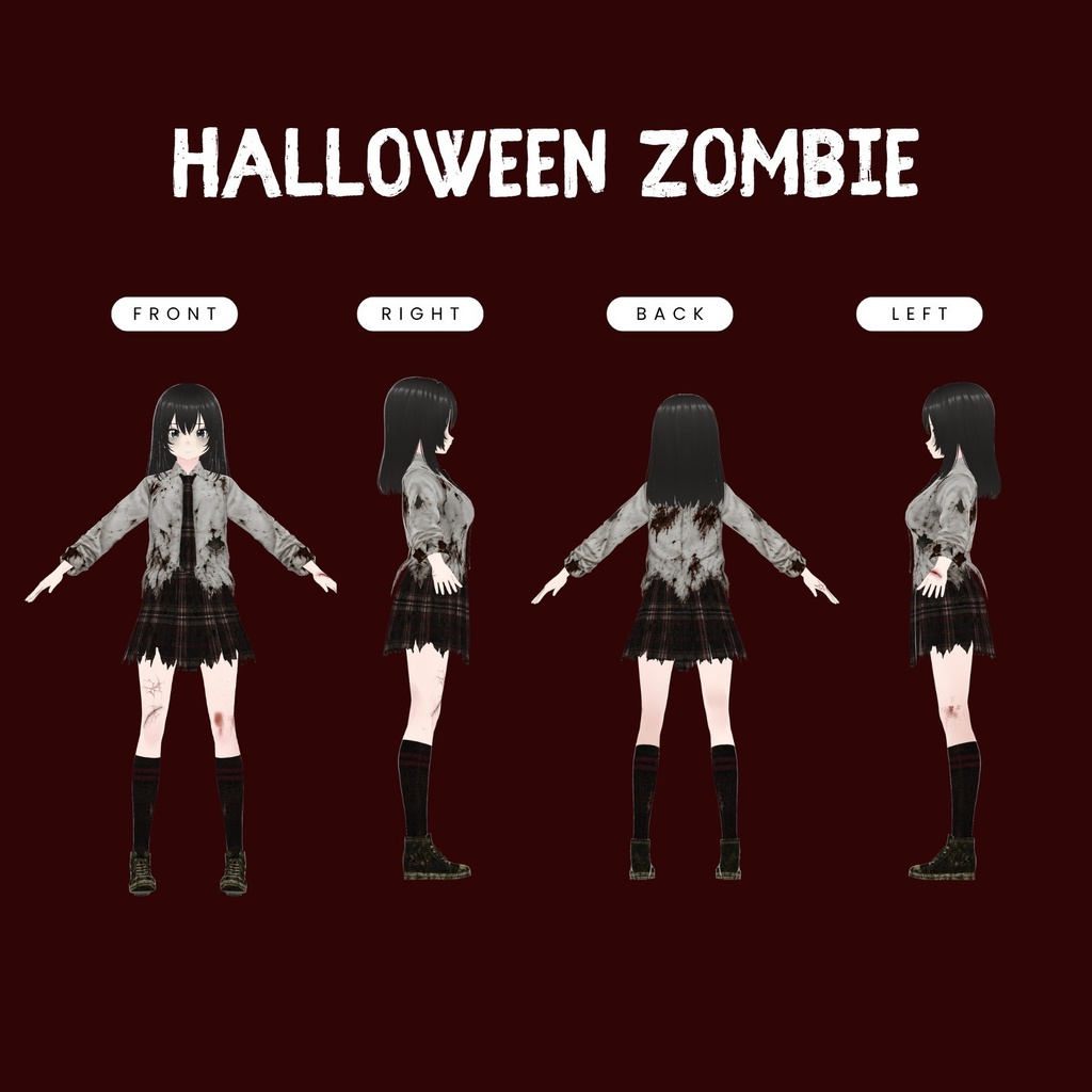 VRoid ハロウィン・ゾンビ衣装 | 血まみれチェック柄スクールユニフォーム | ゴシックホラーVTuberファッション | アニメアバター向け3Dカスタム衣装