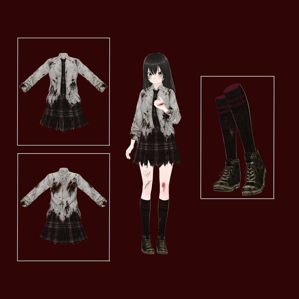 VRoid ハロウィン・ゾンビ衣装 | 血まみれチェック柄スクールユニフォーム | ゴシックホラーVTuberファッション | アニメアバター向け3Dカスタム衣装