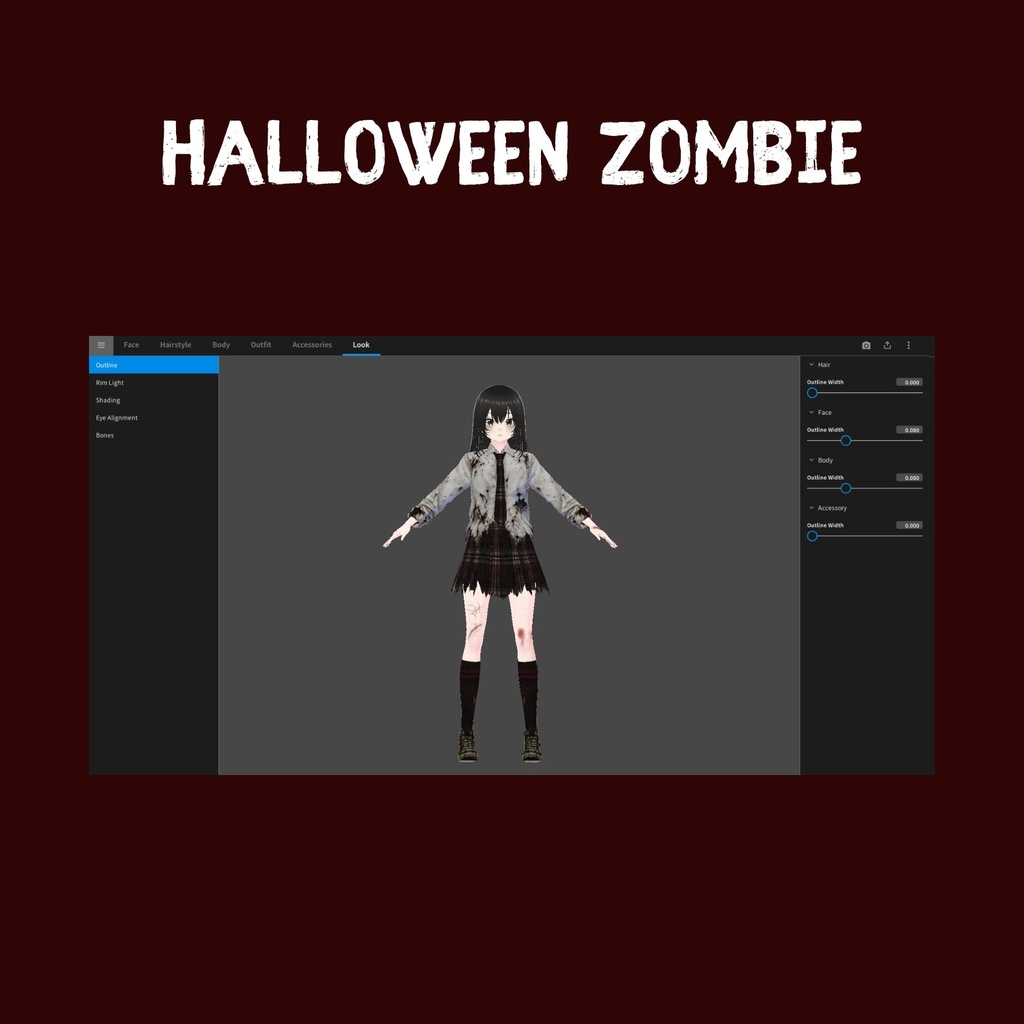 VRoid ハロウィン・ゾンビ衣装 | 血まみれチェック柄スクールユニフォーム | ゴシックホラーVTuberファッション | アニメアバター向け3Dカスタム衣装