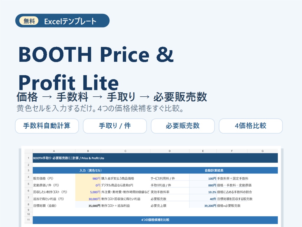 【無料】BOOTH手数料・手取り・必要販売数を自動計算するExcel|Price & Profit Lite