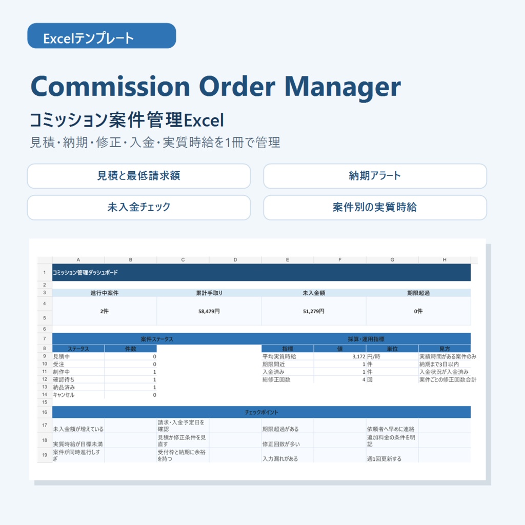 イラスト依頼・コミッション管理Excel｜見積・納期・修正・入金・実質時給 Commission Order Manager